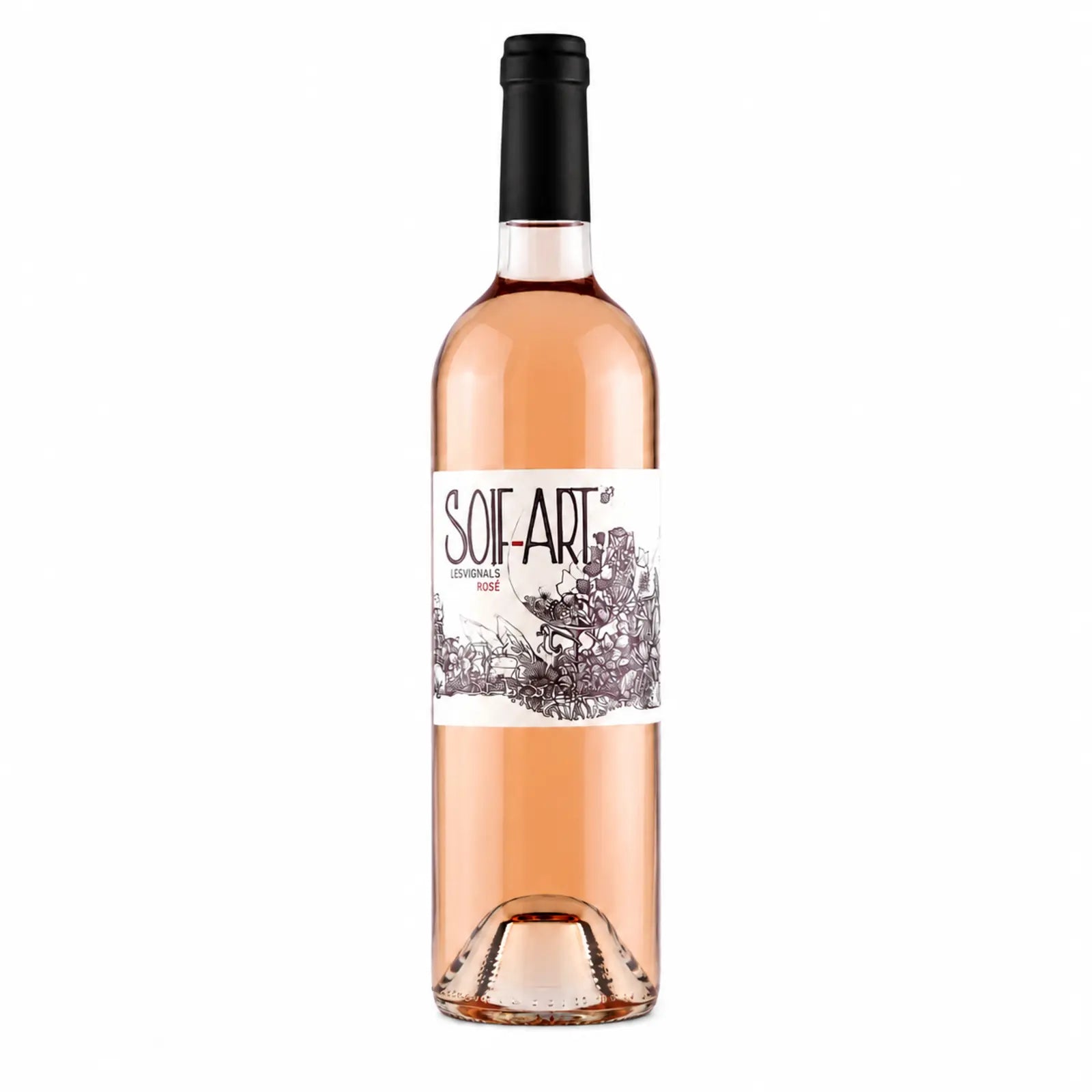 Bouteille de Soif’Art rosé du Château Les Vignals sur fond blanc.