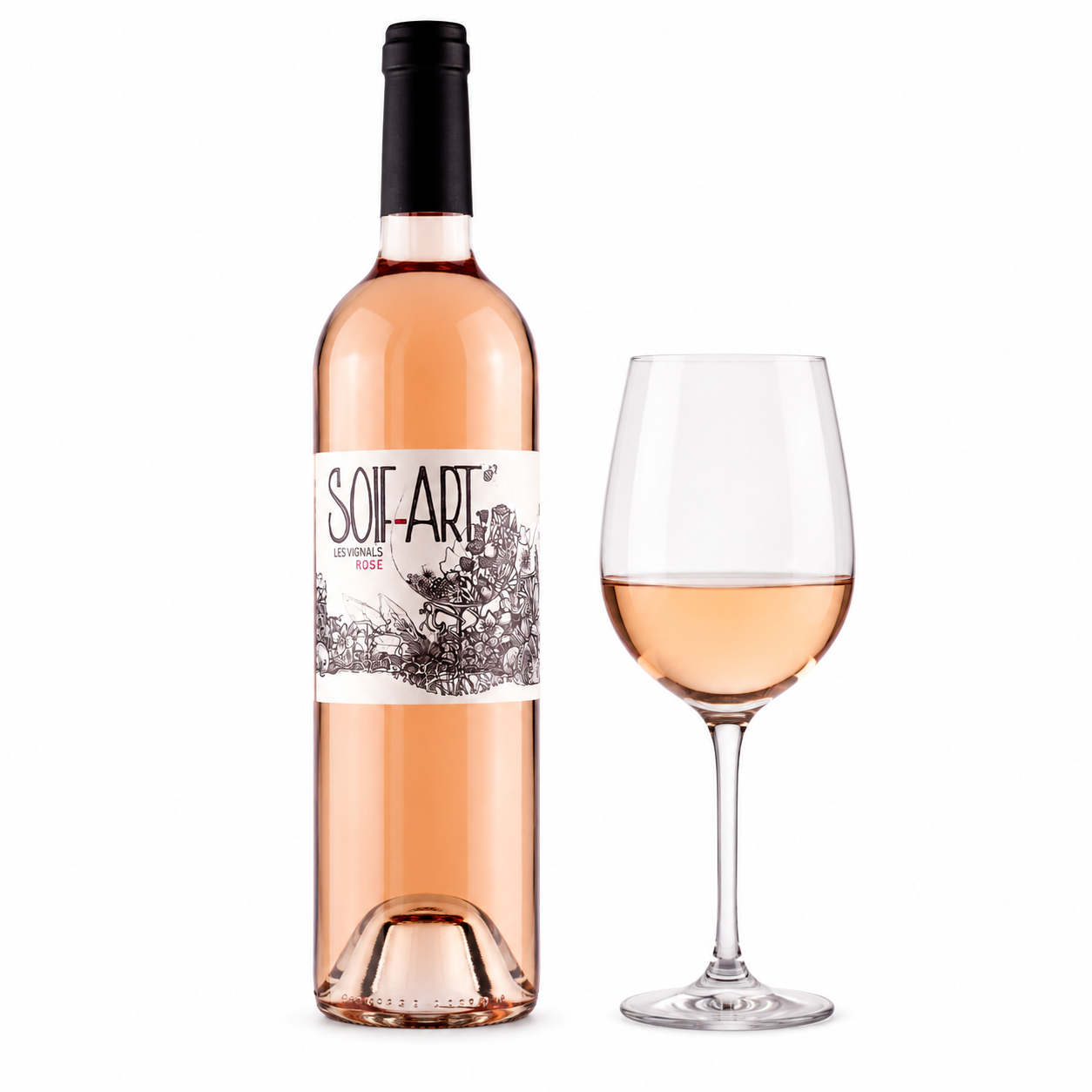Bouteille et verre de Soif'Art Rosé du Domaine Les Vignals – Vin rosé bio IGP Côtes du Tarn
