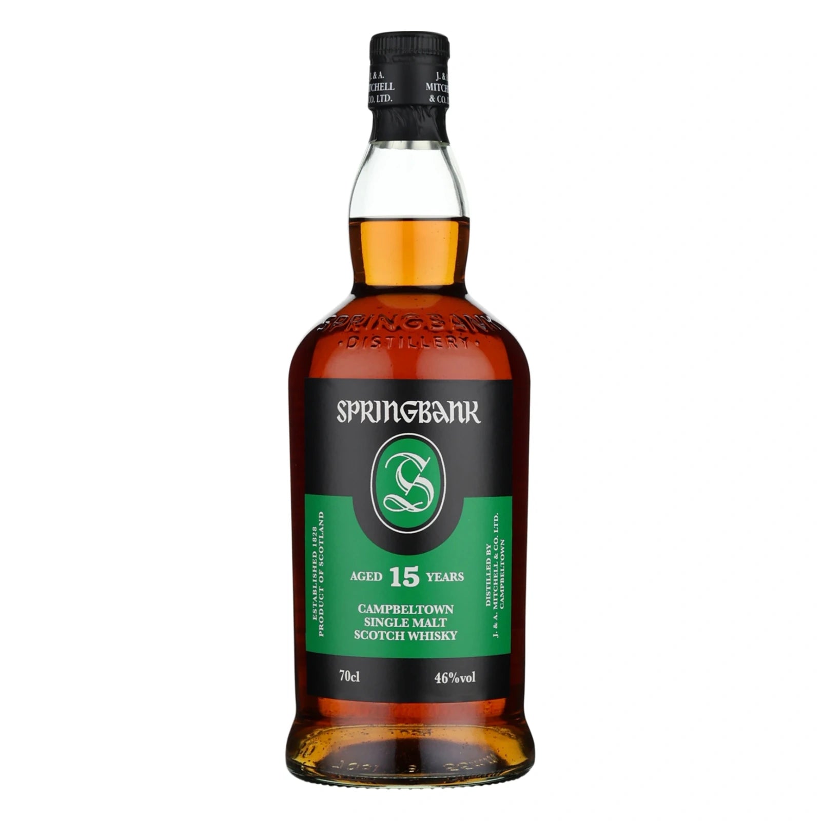 Bouteille de whisky Springbank 15 ans, single malt écossais légèrement tourbé de Campbeltown, vieilli en fûts de bourbon et de xérès, 46 % vol., 70 cl.