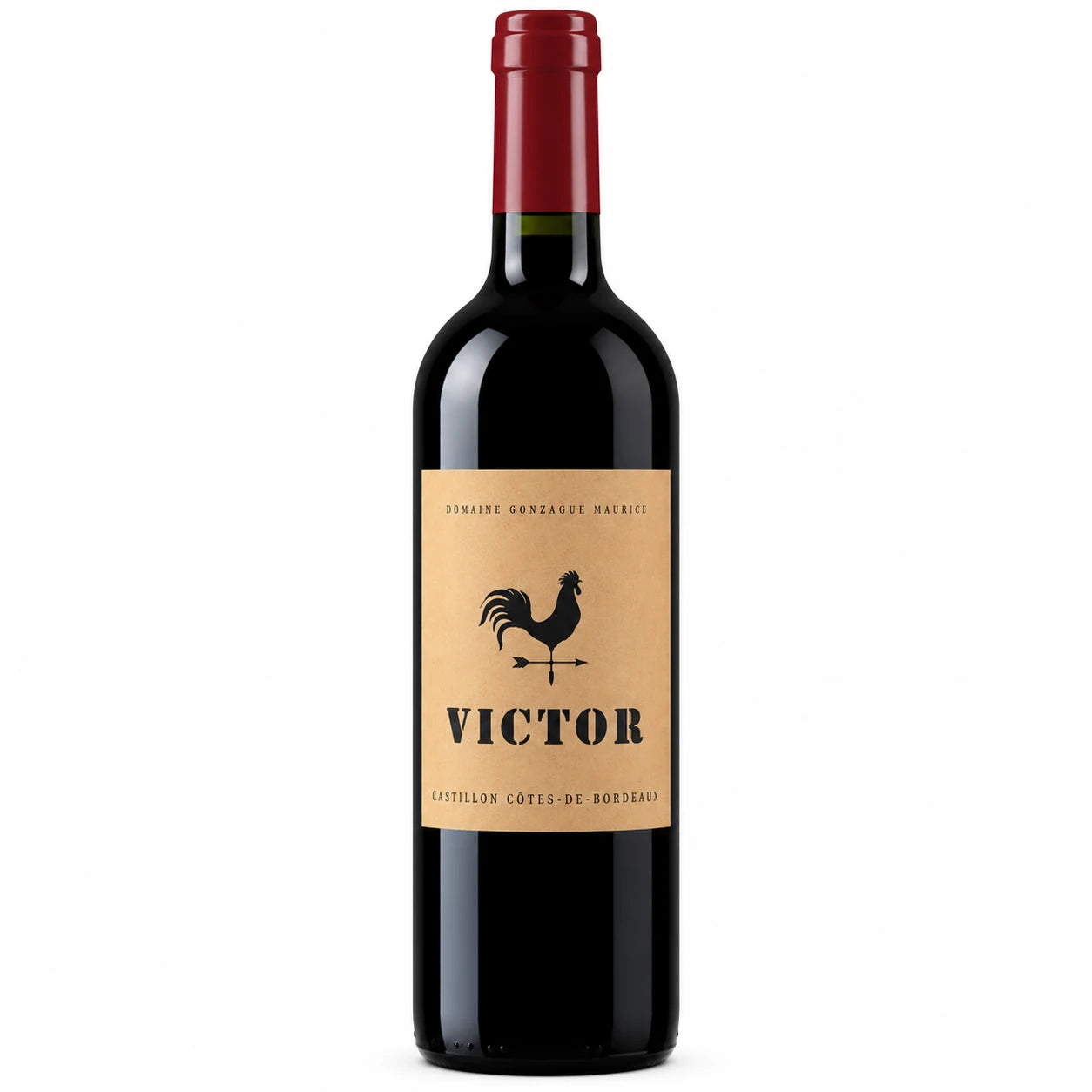 Bouteille de Victor du Domaine Gonzague Maurice, vin rouge AOP Castillon Côtes de Bordeaux, 100 % Merlot.