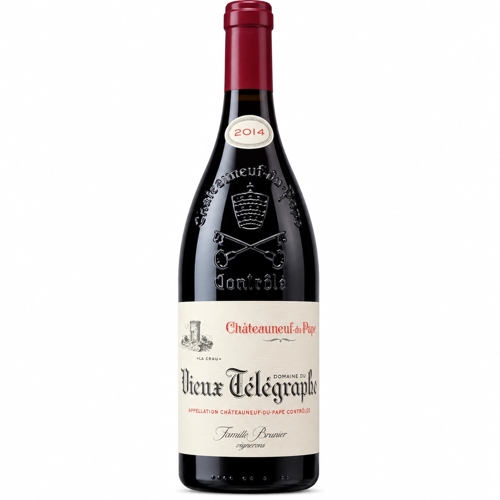 Bouteille de Châteauneuf-du-Pape rouge Vieux Télégraphe de la Famille Brunier, grand vin du Rhône issu du plateau de La Crau.