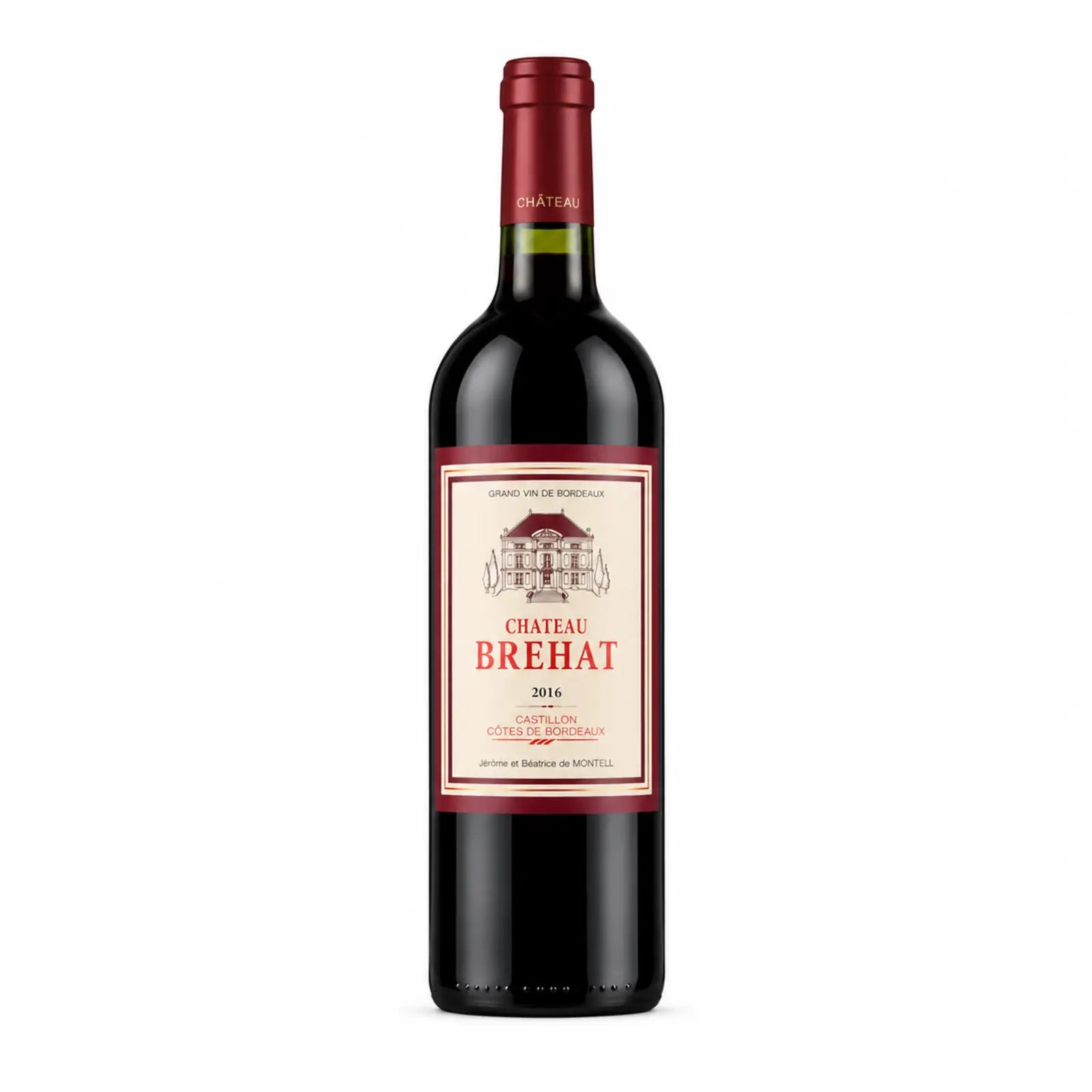 Bouteille de Château Bréhat 2016, vin rouge AOP Castillon Côtes de Bordeaux.